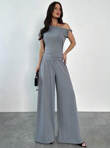 Firerie Women's Elegant Casual Commuting Business Off The Shoulder Outfit, Includes Asymmetric Shoulder Grey Short Sleeve Fitted T-Shirt And Loose Wide Leg Knit Pants Set, Suitable For Summer, Business Casual, Fall, Back To School, Office, Airport, Travel - Grey - View 4