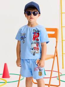 SHEIN Young Boy Casual Loose Minimalist Comfortable Round Neck Short Sleeve Drop Shoulder T-Shirt And Shorts Set - Blue - View 3