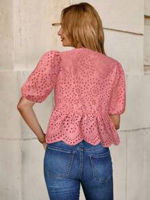 Solivie 女士系带泡泡袖刺绣优雅度假衬衫，情人节款 - 粉色 - 查看 2