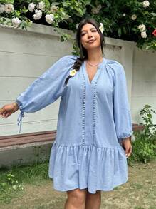 SHEIN EZwear 大码休闲宽松日常装荷叶边下摆长袖连衣裙 - 藍色 - 查看 6