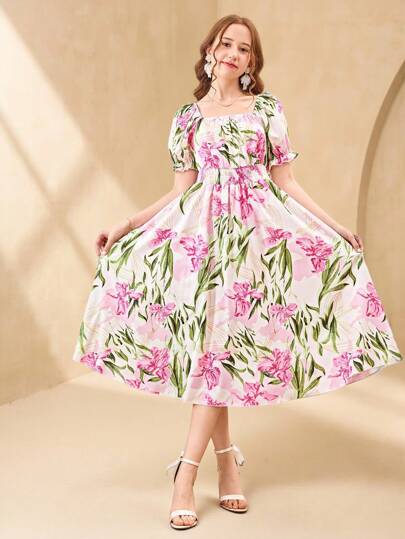 SHEIN Teen Girls Printed Floral Pattern Square Neck Puff Sleeve Waist Ruched Tight Mini Dress, Suitable For Summer Outing And Vacation