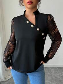 Gloray 女式立领 V 领运动衫，金属纽扣装饰，袖子拼接和向日葵网眼插片，毕业典礼、教师、返校套头衫秋季 - 黑色 - 查看 4