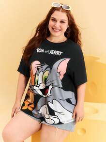 TOM & JERRY X SHEIN Plus Size  Summer  Y2K Cleanfit Casual Rave Outfits Festival  Punk Cover Up  Retro Vintage Cartoon Casual Cute Funny Black Cat Print Crew Neck Short Sleeve T-Shirt, Casual For Summer
