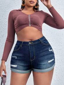 SHEIN SXY Plus Ripped Roll Up Hem Denim Shorts - Dark Wash - View 3