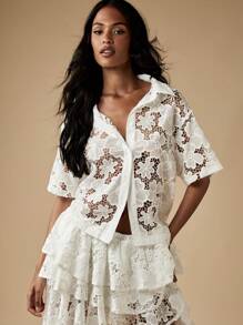 MISSGUIDED Conjunto coordinado de alta gama con encaje, atuendo a juego asimétrico con volantes largos para recepción de boda, luna de miel, verano y resort