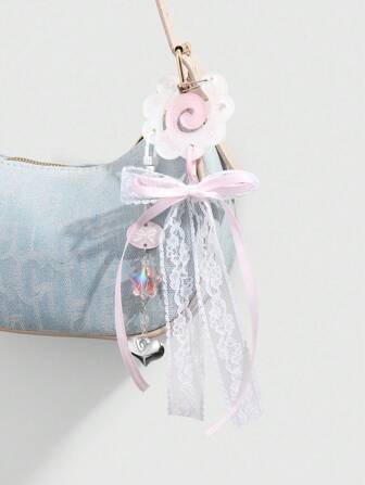 Kawaii 1 Stück süßer und eleganter zweifarbiger Cut Out Acryl Fisch/Schleife/Stern/Herz Harz und Netzband Dekoration, vielseitiger DIY Schlüsselanhänger, Handyanhänger, Taschendekoration, ideales Geschenk für Frauen