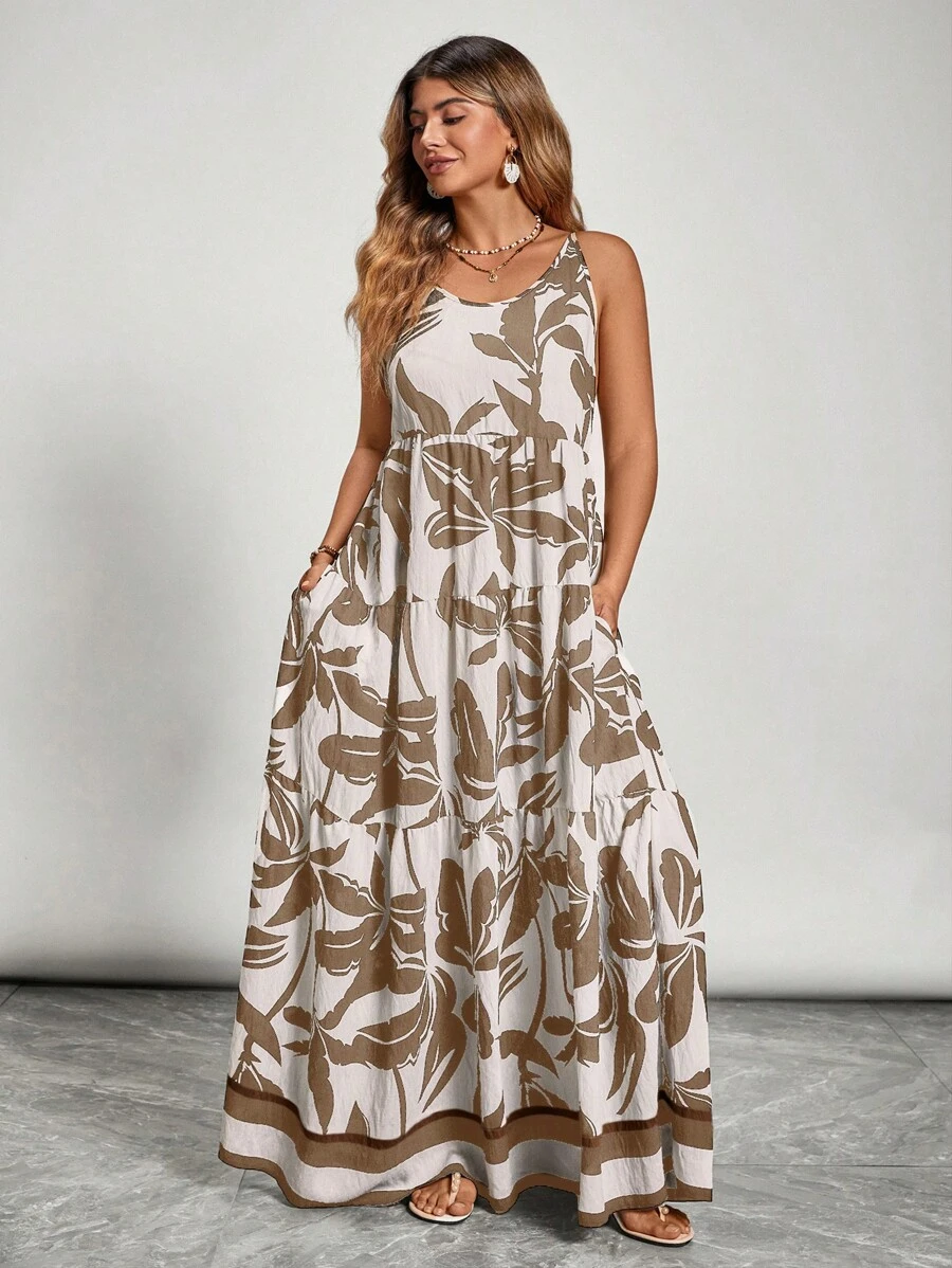 SHEIN VCAY Plus Size Plant Print Dress Casual Summer Beach Dress