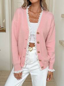 SHEIN LUNE Cardigan maglione casual da donna in colore tinta unita con inserti in pizzo, maniche lunghe