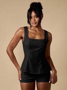 MISSGUIDED Ärmellose quadratische Ausschnitt Peplum Sommer Top geraffter professioneller Abend Taillendefinierender Party Club Wear