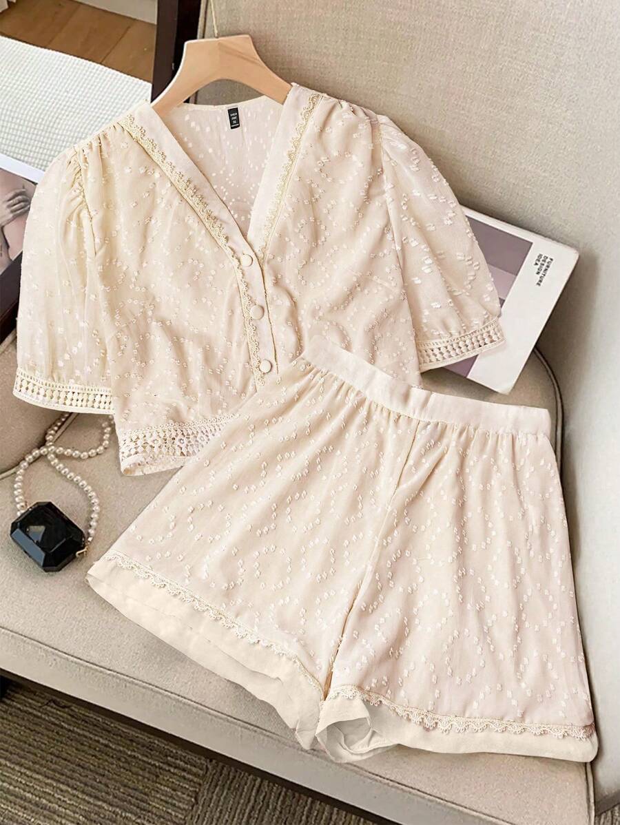 Flirla Plus Size 2pcs Set - Minimalist Short Sleeve Top And Shorts - Apricot - View 1
