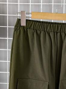 2件套青少年男孩军绿色黑色拼布T恤和抽绳休闲裤套装