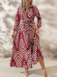 SHEIN Clasi 女式优雅衬衫领系带衬衫裙 - 酒紅色 - 查看 6