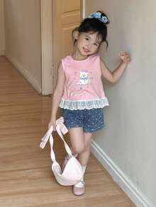 Dazy Kids 2件套：牛仔圆领卡通熊印花背心和宽松短裤 - 中等水洗藍 - 查看 3