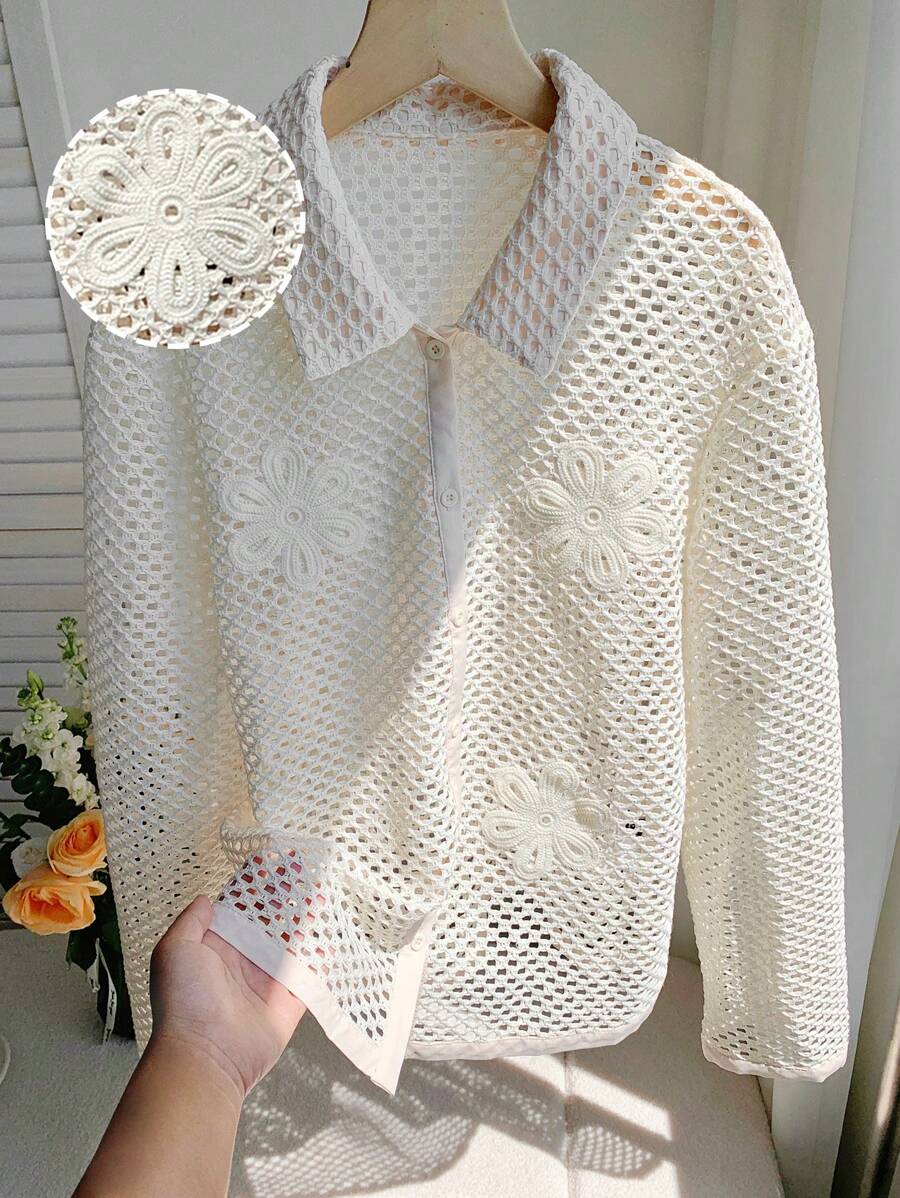 Comfortcana Blus Wanita Kasual Polos Berlubang untuk Liburan, Cocok untuk Pemakaian Sehari-hari dan Cocok untuk Liburan - Krem - View 1