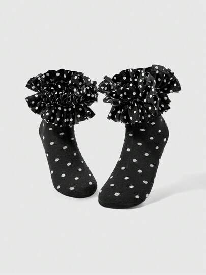 Kawaii Women's Polka Dot Ruffle Trim Casual Crew Socks