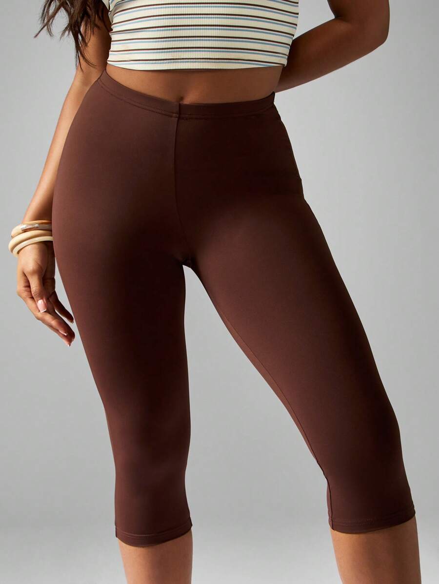 MISSGUIDED High Waisted Capri Leggings Tummy Control Shapewear Athleisure Pants Fall Winter Indoor Comfort - Brown - View 1