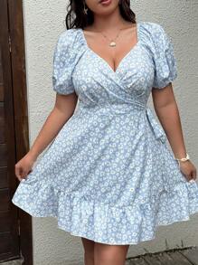 Sunnyshic Plus Size Ditsy Floral Cross Neck A-Line Waisted Summer Vacation Dress - Multicolor - View 3