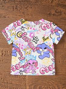 SHEIN Baby Girls Cartoon Scribble Long Ear Rabbit Print Round Neck Short Sleeve T-Shirt And Knitted Tight Shorts Set - Multicolor - View 7