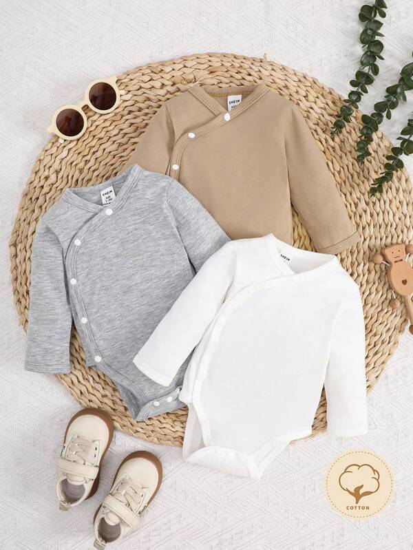 Newborn Baby Unisex White Solid Color Cross V-Neck Comfortable Cute Stylish Elegant Simple Stretchy Long Sleeve Romper Multi-Piece Outfit Set
