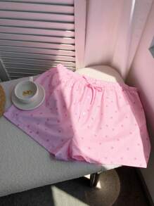 SHEIN EZwear 大码女式优雅条纹印花甜美粉色蝴蝶结低腰弹力短裤，夏季 - 粉色 - 查看 6