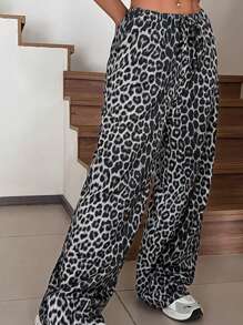 SHEIN EZwear Plus Size Women Casual Full Length Leopard Print Straight Leg Pants