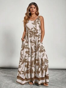 SHEIN VCAY Plus Size Plant Print Dress Casual Summer Beach Dress