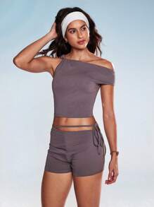 Gameset SHEIN Sport 2pcs Women's Casual Twist Asymmetrical Shoulder Top And Tie-Waist Shorts Set, Spring/Summer - Grey - View 3