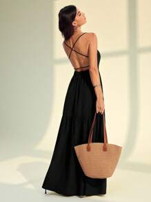 SHEIN Tall Women's Solid Color Simple Casual Backless Spaghetti Strap Black Dress