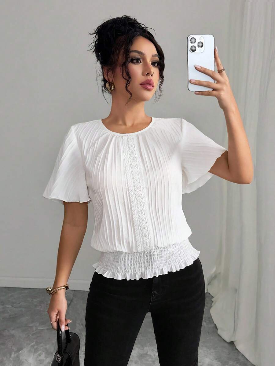 Selianne Áo cánh thường ngày nữ cạp chun nhún bèo họa tiết PETITE, tối giản và thanh lịch cho trang phục ngày lễ/đầm châu Phi cho nữ/băng đô/ngày 4 tháng 7/trang trọng lịch sự/mùa thu, halloween, dạ hội, trở lại trường/khiêm tốn - trắng - Xem 1