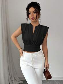 Elenzga Nueva camiseta sin mangas ajustada para mujer con cuello alto de punto, media cremallera frontal y estilo informal - Negro - Ver 4