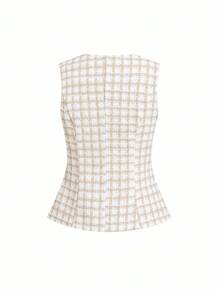 Ellevyn French Style Women Sleeveless Metallic Button Vest Blouse For Commuting Fall Women Clothes Old Money Style Women  Work/Office Business Casual Woman Office Outfits For Women  Teacher Outfits For Women  Vintage Clothes Women  Business Casual Woman  Tops Set Teacher Outfits For Women Fall Women Clothes