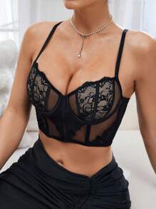 SHEIN 1 Pc Lace Patchwork Women's Underwear With Wire - Black - View 5