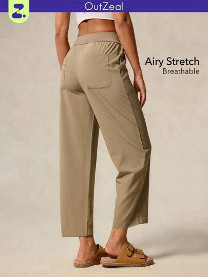 OutZeal 女士运动裤 日常休闲透气弹力直筒针织腰部七分裤设计带口袋