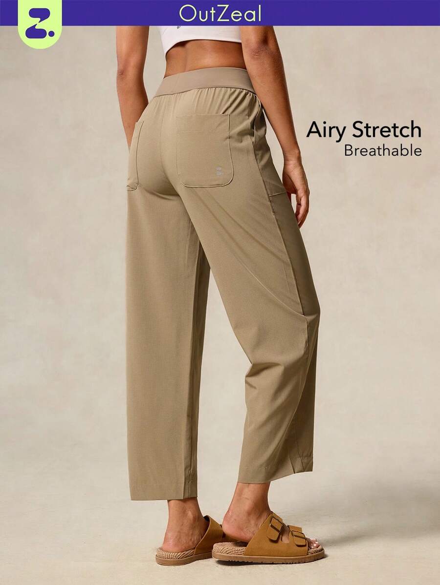 OutZeal 女士运动裤 日常休闲透气弹力直筒针织腰部七分裤设计带口袋 - 卡其色 - 查看 1