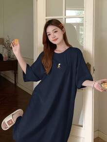 DAZY Vestido de pijama de manga raglán con patrón decorativo, vestido de noche tipo "muu muu" de ajuste holgado - Azul Marino - Ver 3