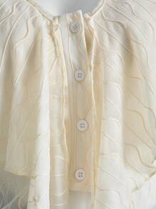 SHEIN 少女度假休闲V领蝴蝶结喇叭袖纹理面料长袖上衣 - 杏色 - 查看 4