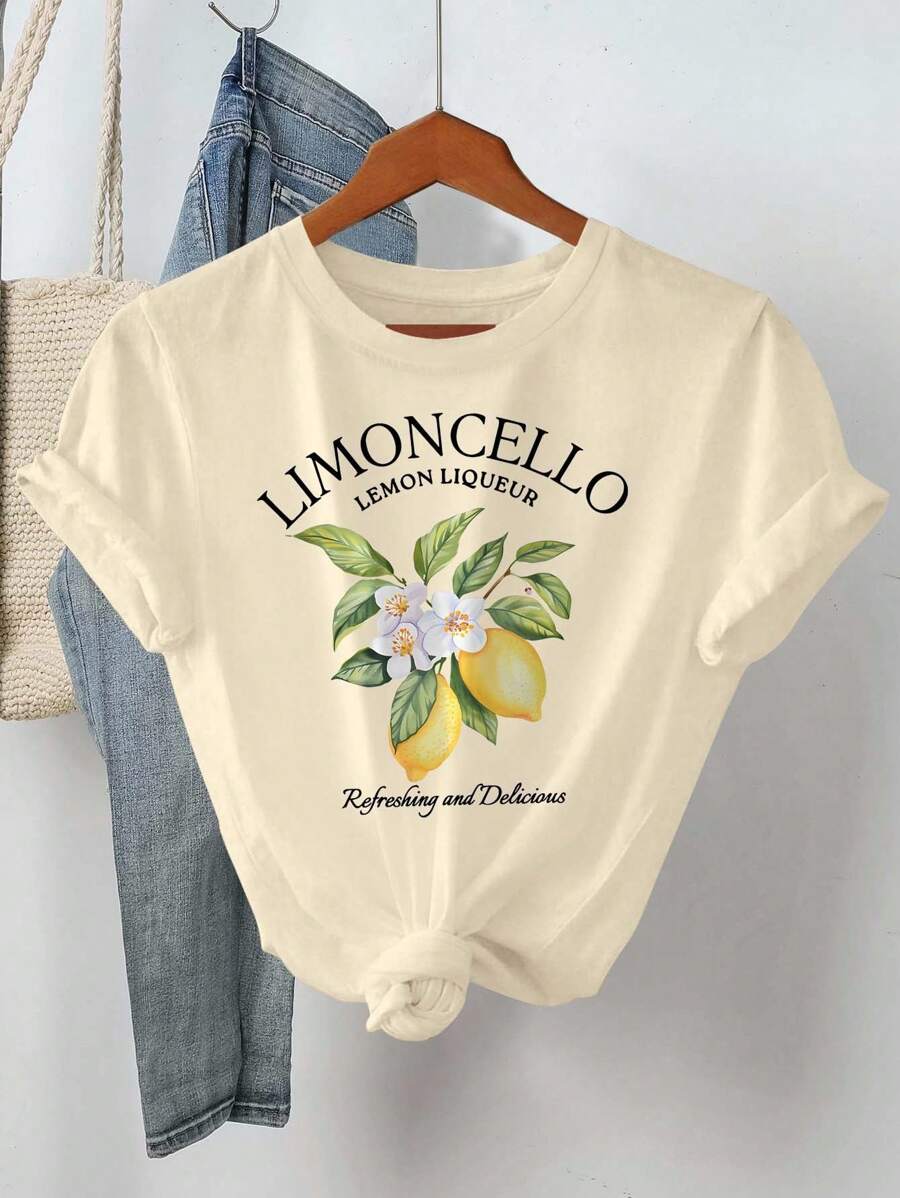INAWLY Women's Letter & Lemon Print Short Sleeve Round Neck T-Shirt - Khaki - View 1