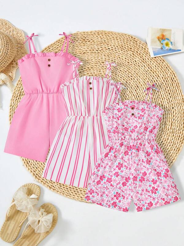 SHEIN 3pcs/Set Tween Girls Casual Floral Striped & Solid Color Rompers For Vacation, Beach, Outings, School