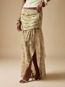 MISSGUIDED Falda larga de gasa con estampado floral, fruncida, de cintura alta, con abertura lateral, para boda de otoño, ocasión formal, fiesta - Multicolor - Ver 1