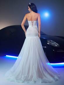 Glamrae Váy cưới đuôi cá lưới mỏng đính hoa lãng mạn màu trắng thanh lịch có eo nhún bèo, đuôi dài, thích hợp cho đám cưới, nhà thờ, lễ cưới ngoài trời - trắng - Xem 4