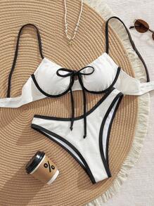 Swim Mod 2pcs White Textured Fabric Soft Underwire Push-Up Removable Padding Bikini Swimsuit With Brown Ribbon Bow, Minimalist Vacation Sexy Ladies Set For Summer - Black and White - View 1