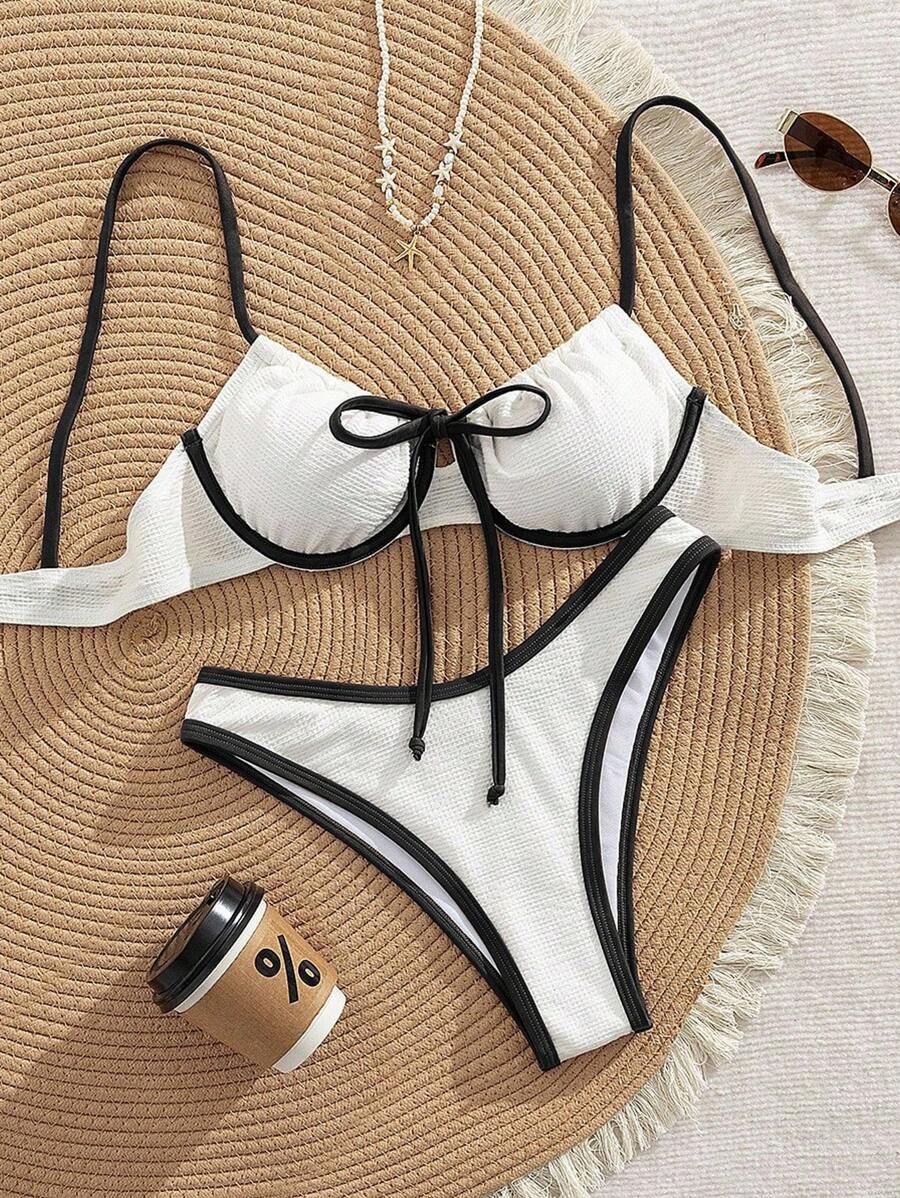 Swim Mod 2pcs White Textured Fabric Soft Underwire Push-Up Removable Padding Bikini Swimsuit With Brown Ribbon Bow, Minimalist Vacation Sexy Ladies Set For Summer - Black and White - View 1