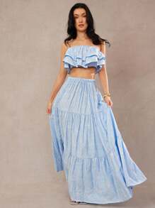 L'Amorae Elegant Vacation Contrast Embroidery Stitch Tier Ruffle Smocked Strapless Tube Top