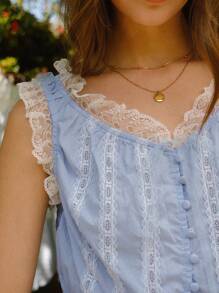 WESTFADE 100% 纯棉花卉蕾丝圆领蝴蝶结前褶边无袖短款夏季上衣 - 淺藍色 - 查看 5