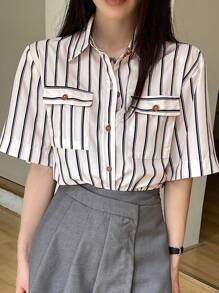 DAZY Women's Casual Loose Striped Shirt, Summer Preppy Tops - Beige - View 8