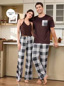 Casual Plaid Print Couple's Loungewear Set - Brown - View 7