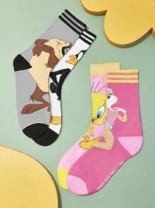 LOONEY TUNES X SHEIN 2 đôi tất dài đến bắp chân mềm mại, thoáng khí, thấm mồ hôi, họa tiết sọc hoạt hình, thời trang và dễ thương, màu xám và hồng, mũi và gót được gia cố để tăng độ bền, phù hợp cho cả nam và nữ, mọi mùa, mọi phong cách - Nhiều màu - Xem 5