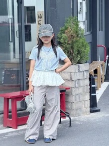 Ținute casual de vară în stil coreean pentru fete preadolescente, tricou cu mânecă scurtă și decorațiuni cu funde + pantaloni largi, set din 2 piese - Gri - Vizualizare 1