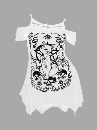 Goth Camiseta de talla grande con estampado de esqueleto de gato, estrella y diseño asimétrico con hombros descubiertos y encaje, para gótico, rave, festival y streetwear de Halloween