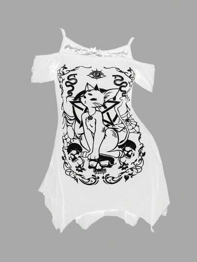 Goth Camiseta de talla grande con estampado de esqueleto de gato, estrella y diseño asimétrico con hombros descubiertos y encaje, para gótico, rave, festival y streetwear de Halloween